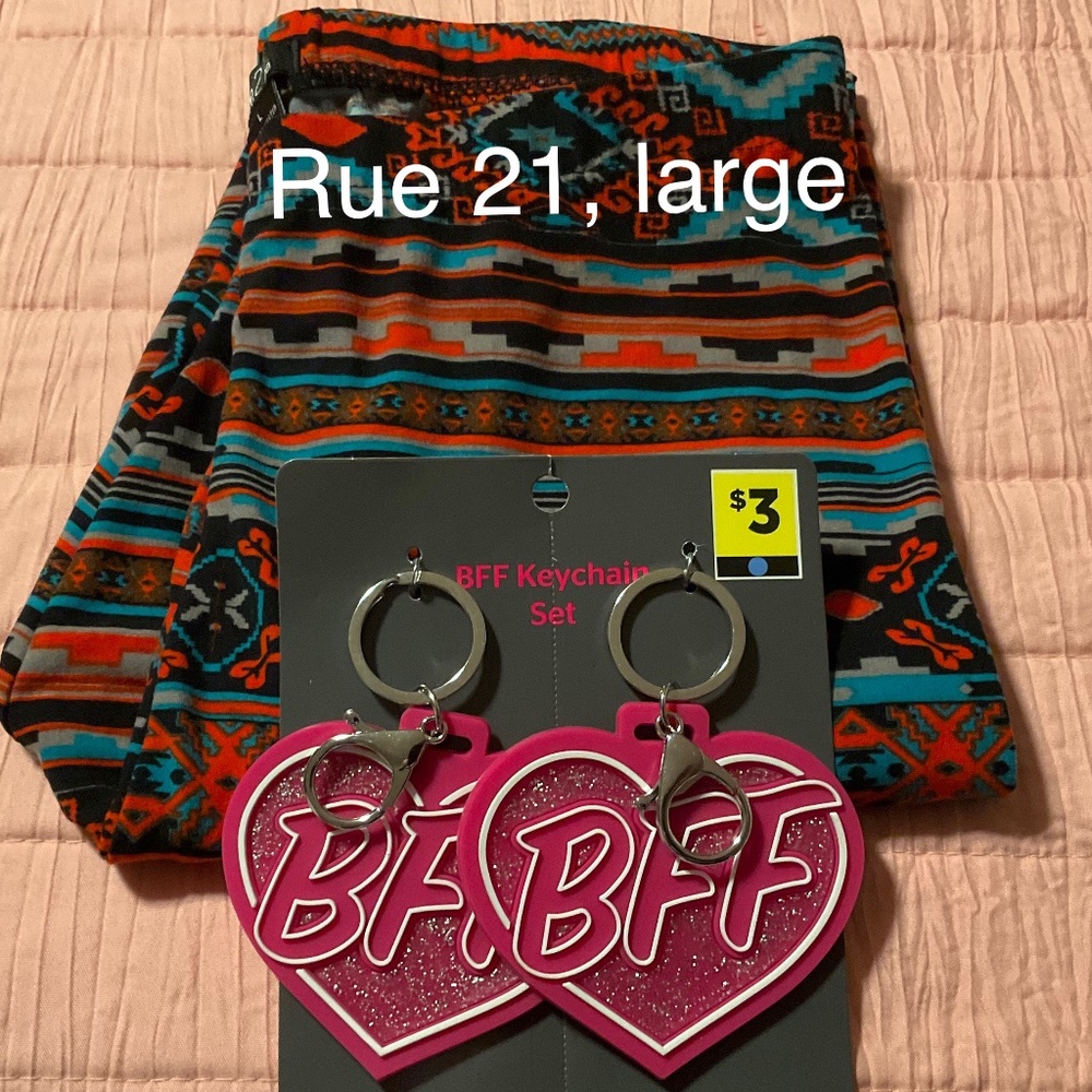 New with tags Girls Rue 21, size large print leggings and BFF new key ring set